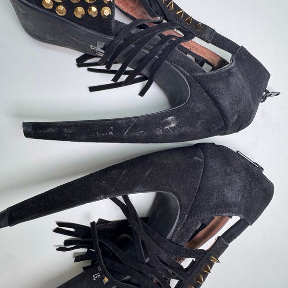 Jeffrey Campbell Black Suede Gold Studs High Heel Fringe EU37/US 6.5 Party Funky - Picture 6 of 8